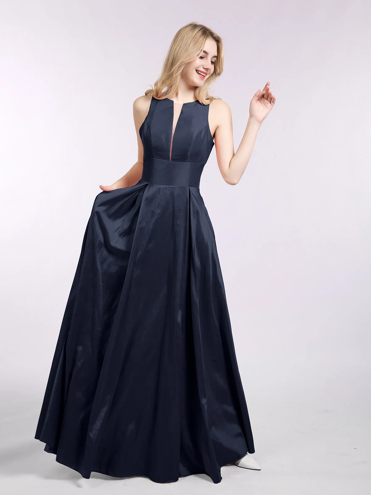 A-ligne Taffeta Robe Longue avec Poches Bleu Marine Grande Taille