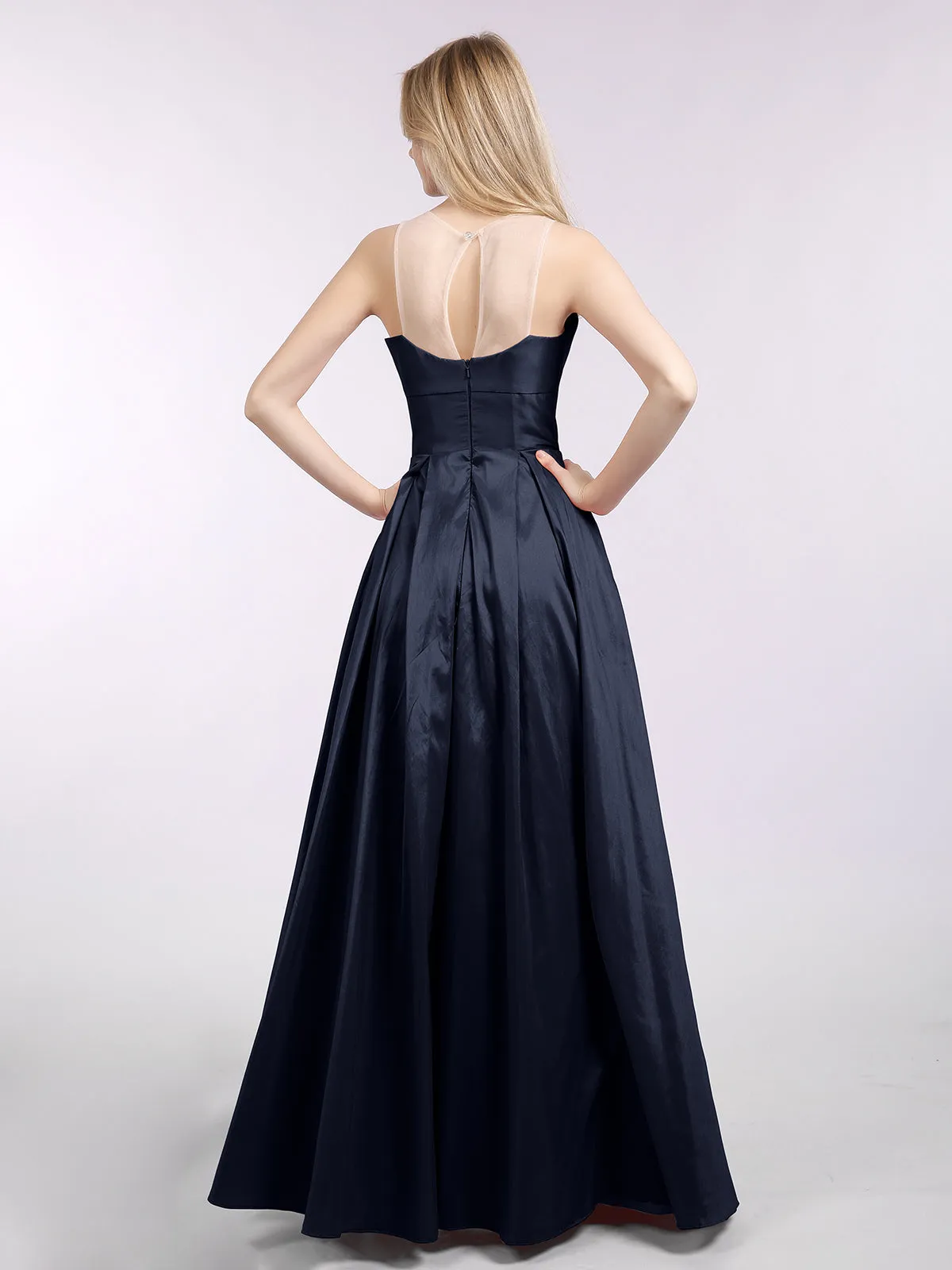 A-ligne Taffeta Robe Longue avec Poches Bleu Marine Grande Taille