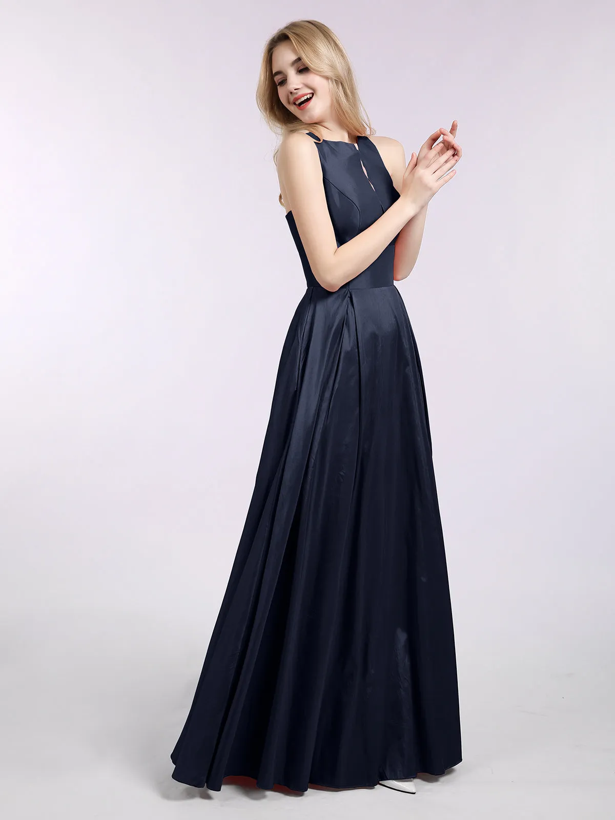 A-ligne Taffeta Robe Longue avec Poches Bleu Marine Grande Taille