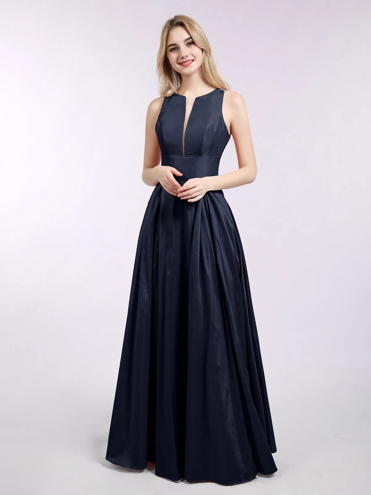 A-ligne Taffeta Robe Longue avec Poches Bleu Marine Grande Taille