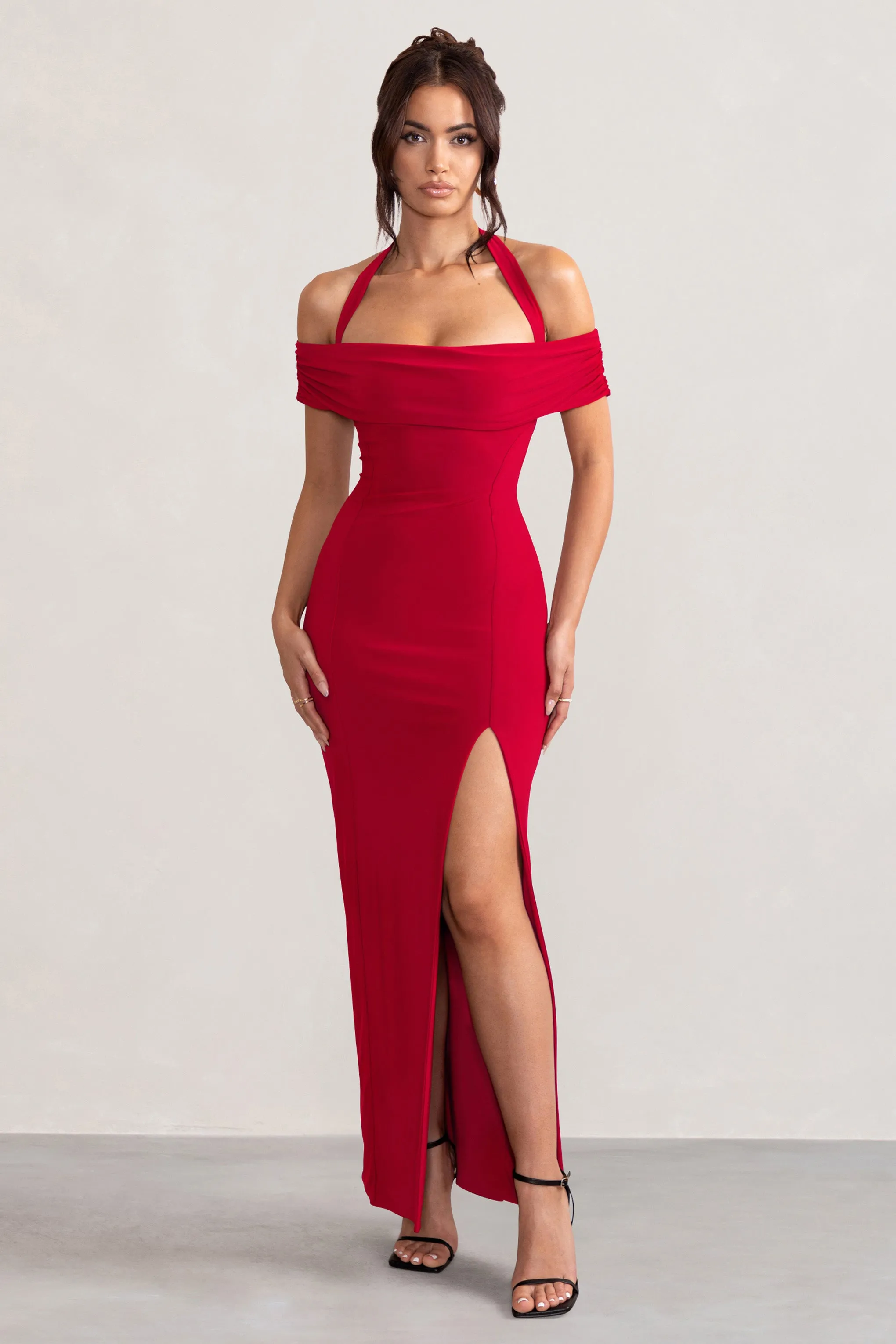 Anisa | Robe longue bardot rouge dos nu avec fente aux cuisses