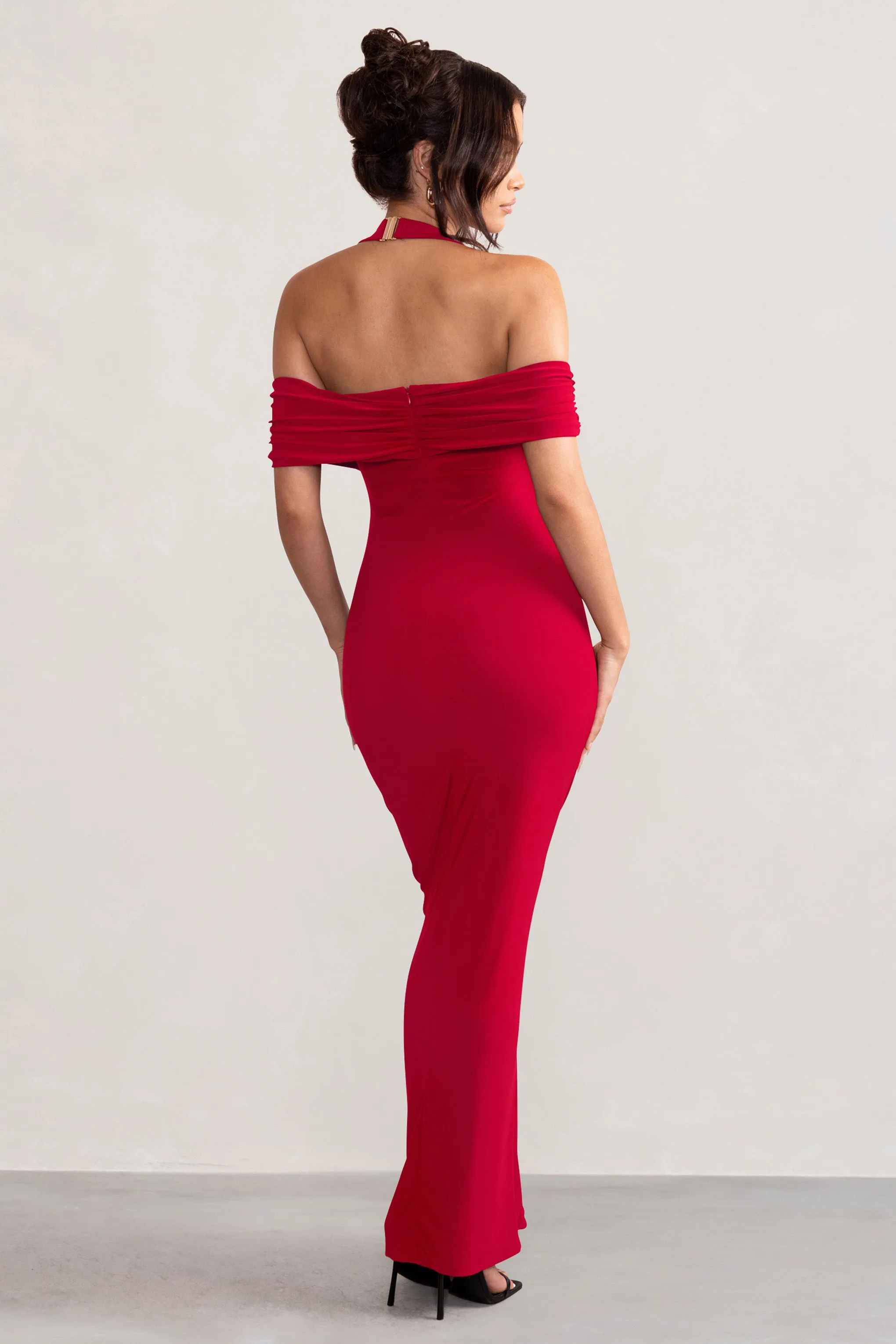 Anisa | Robe longue bardot rouge dos nu avec fente aux cuisses