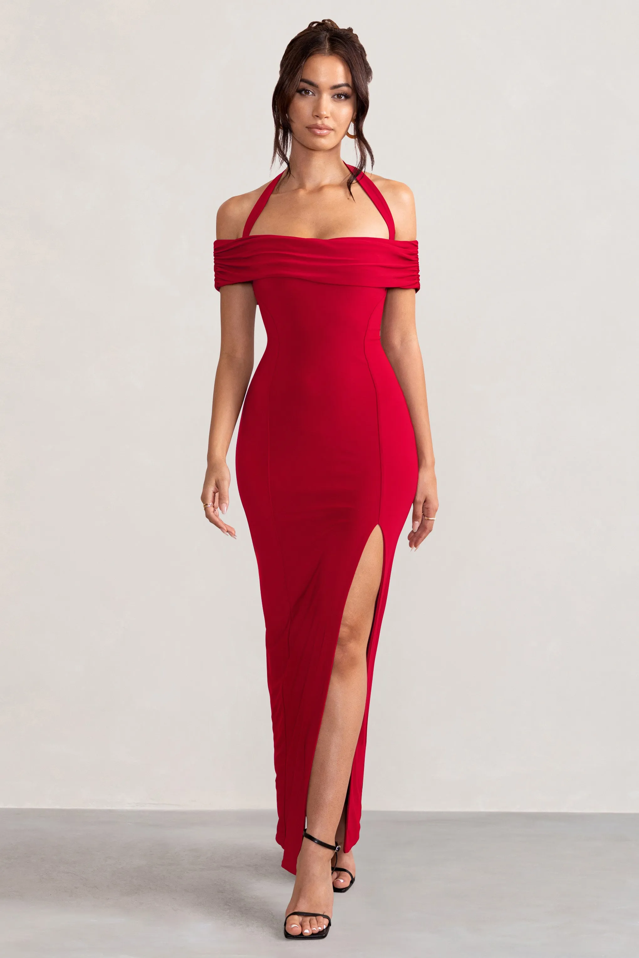 Anisa | Robe longue bardot rouge dos nu avec fente aux cuisses