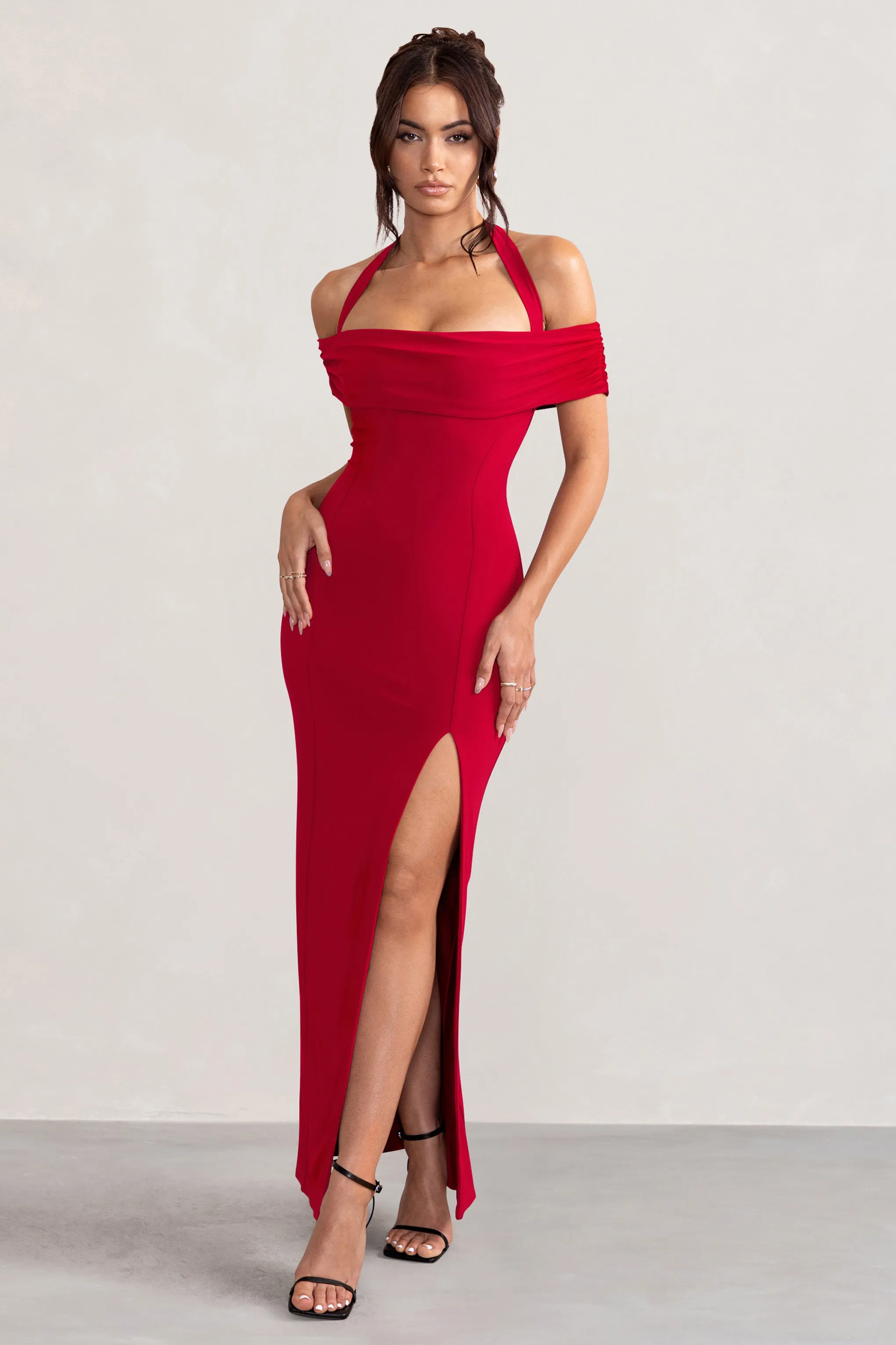 Anisa | Robe longue bardot rouge dos nu avec fente aux cuisses