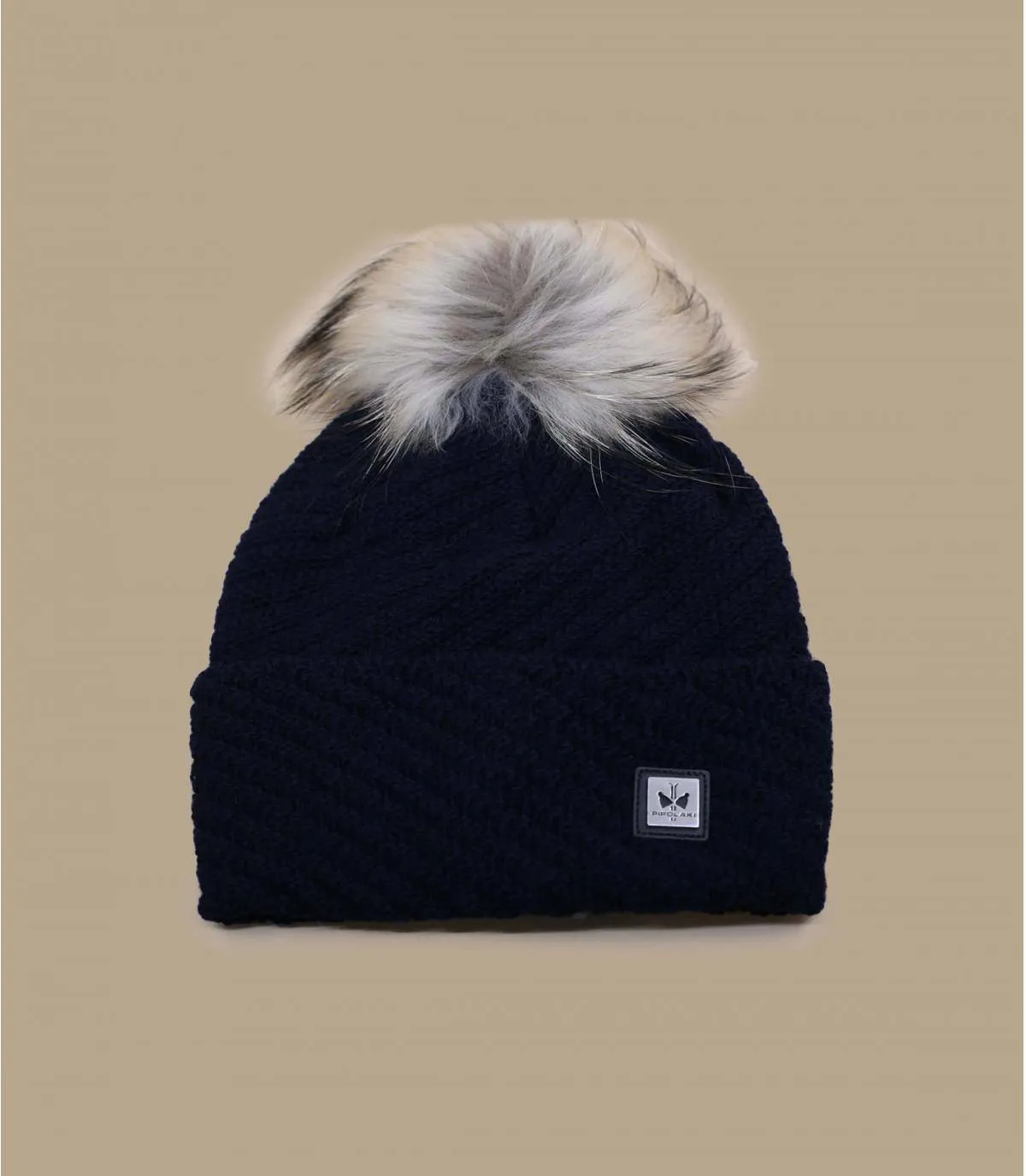 bonnet pompon laine bleu - Bella Real Fur navy Pipolaki : Headict