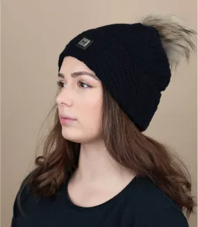 bonnet pompon laine bleu - Bella Real Fur navy Pipolaki : Headict