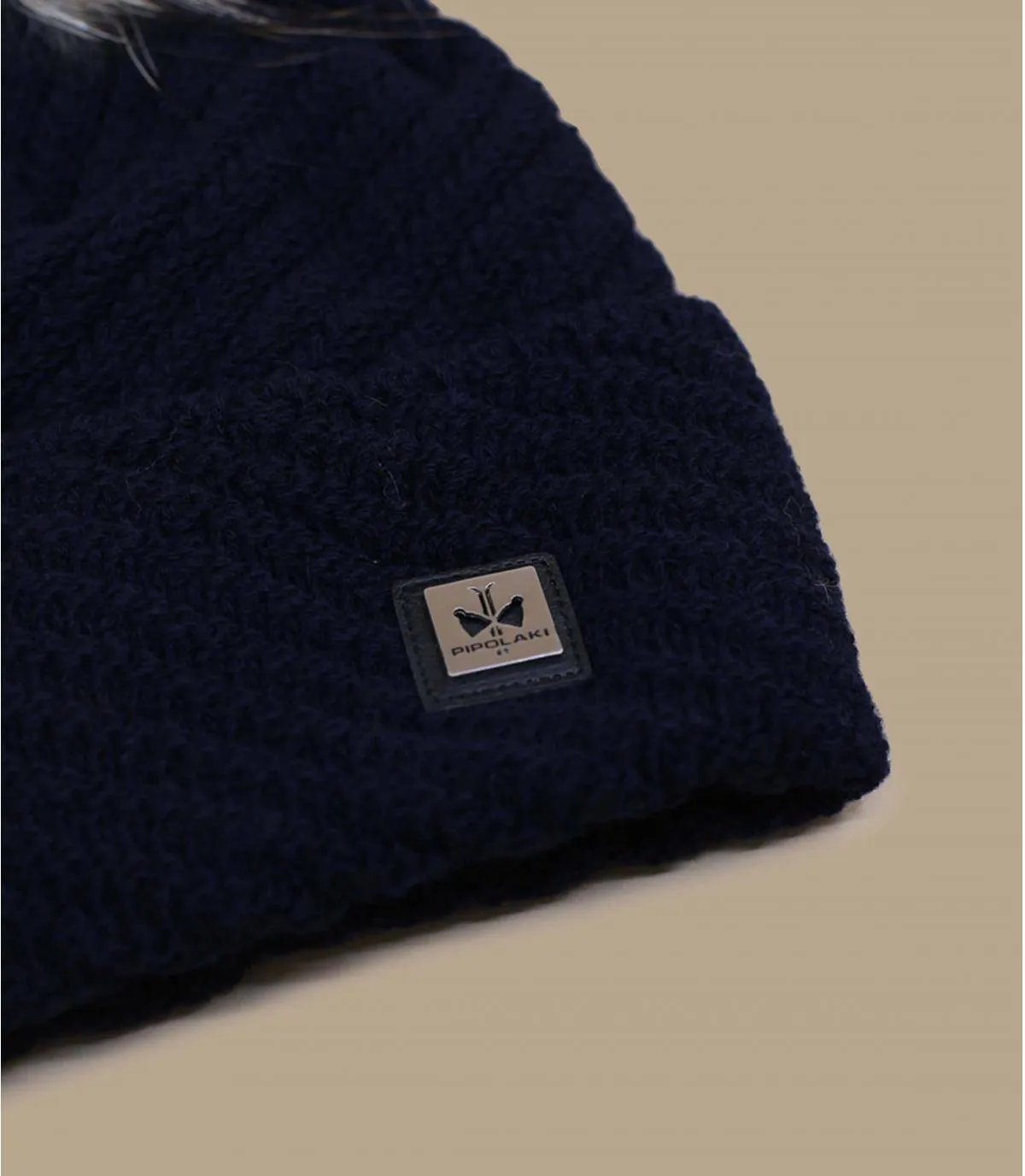 bonnet pompon laine bleu - Bella Real Fur navy Pipolaki : Headict