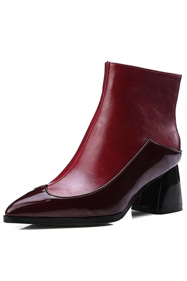 Bottines bordeaux bicolores pointues en cuir vernis avec zipper à talon épais