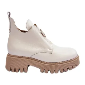 Bottines En Cuir Pour Femme Avec Décoration, Beige Clair Lemar Lusanna