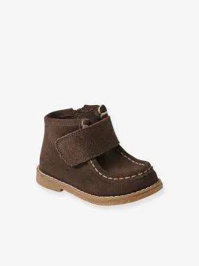 Bottines en cuir scratchées et zippées bébé marron - Vertbaudet