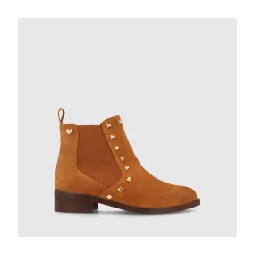 Bottines femme en cuir suédé marron avec clous en métal doré | Chaussures femme LODI en ligne.