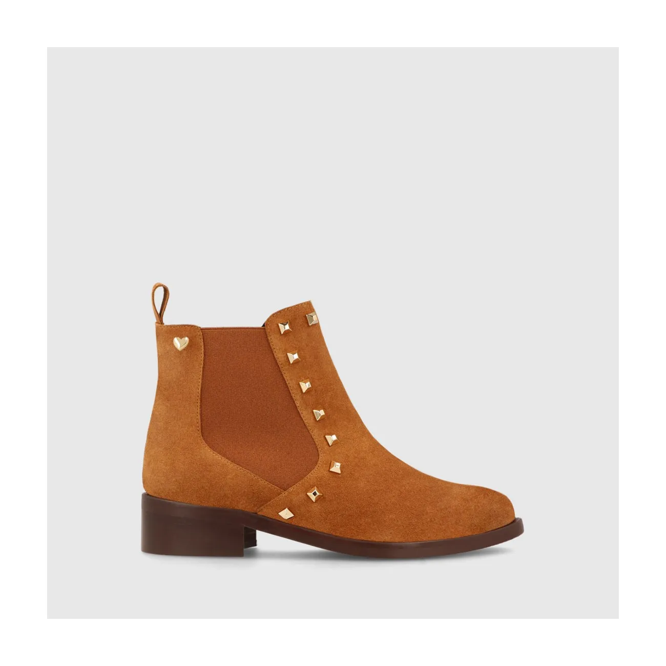 Bottines femme en cuir suédé marron avec clous en métal doré | Chaussures femme LODI en ligne.