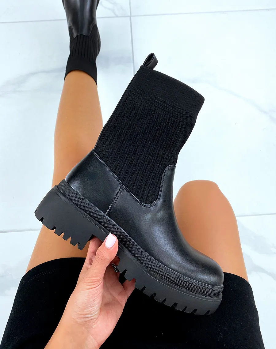 Bottines noires mi-similicuir mi-chaussette