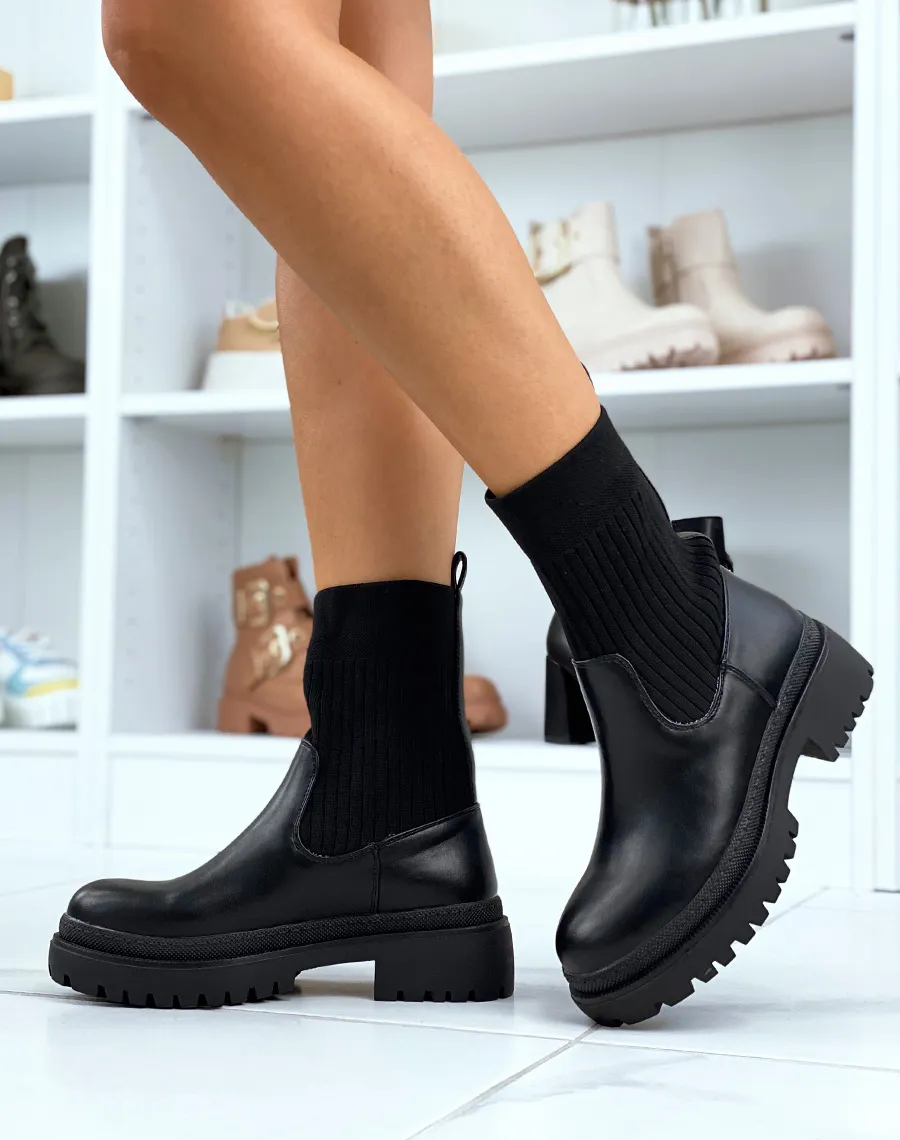 Bottines noires mi-similicuir mi-chaussette