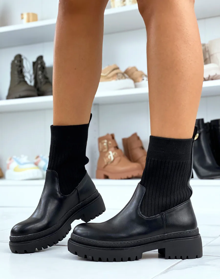 Bottines noires mi-similicuir mi-chaussette