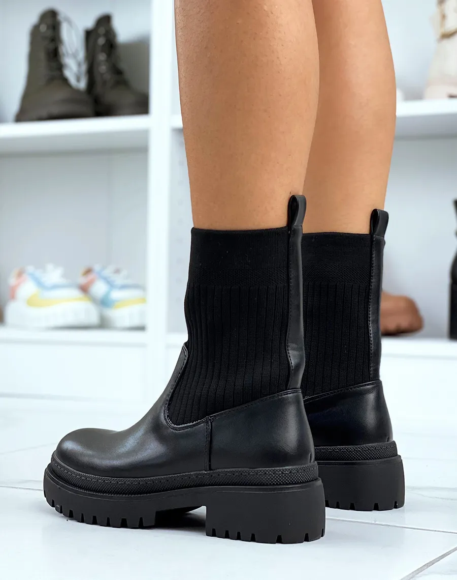 Bottines noires mi-similicuir mi-chaussette