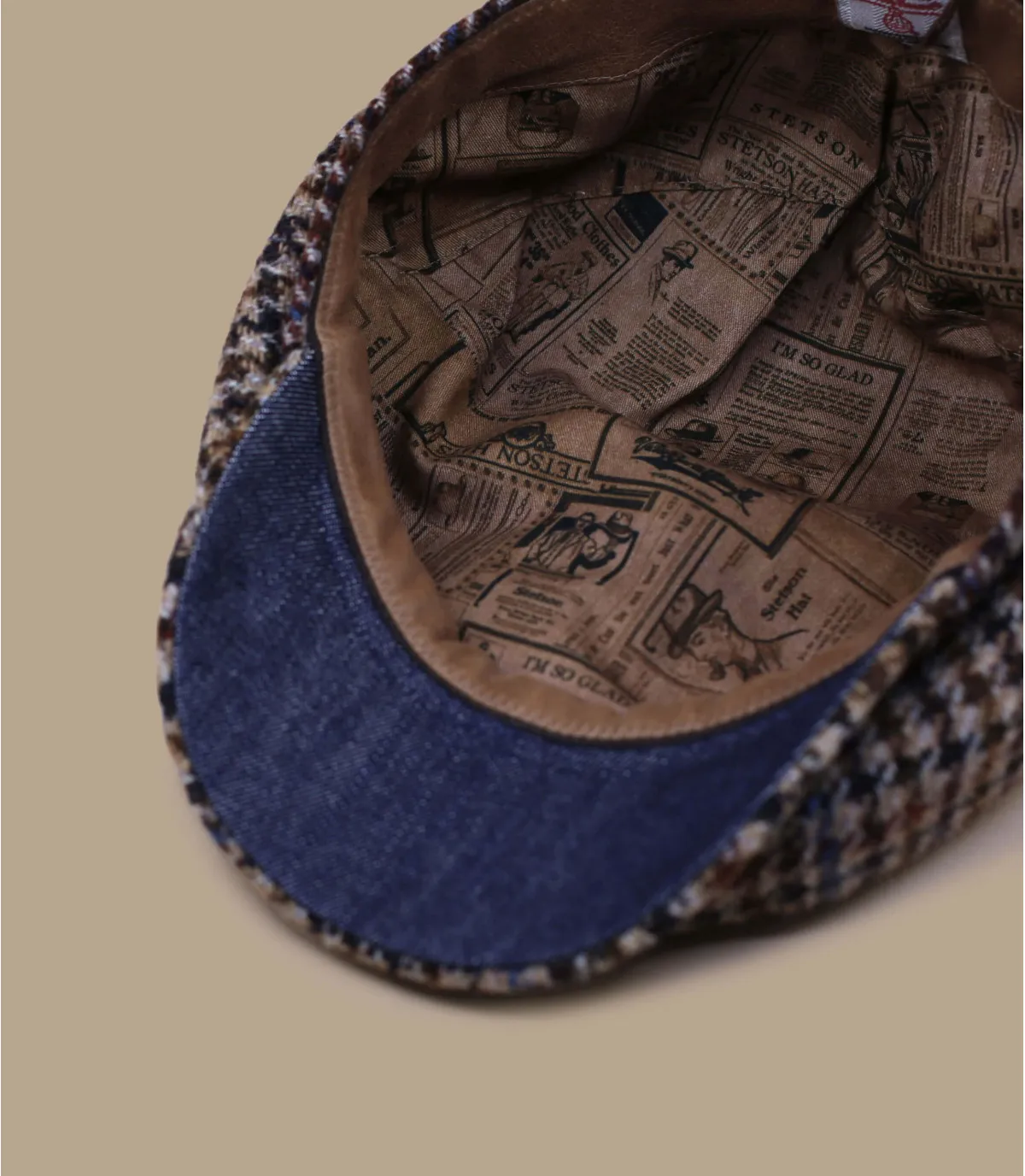 béret gavroche laine carreaux - Hatteras Harris Tweed beige black houndstooth Stetson : Headict