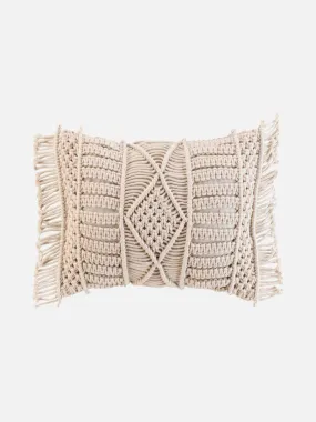 Coussin déhoussable avec franges et macramé - Beige