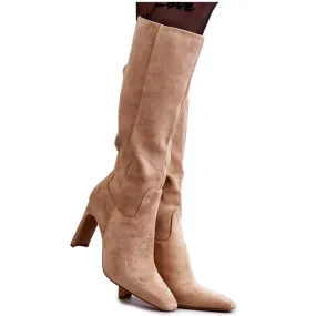 FG2 Bottes pour femmes sur le talon jusqu'au genou beige foncé Truly Love