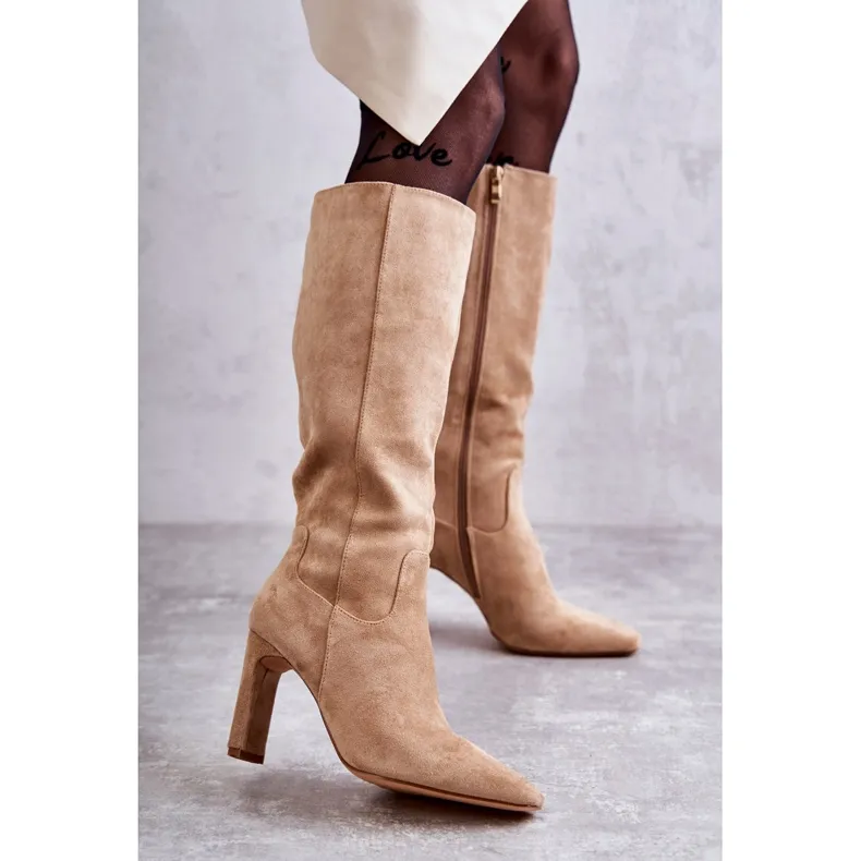 FG2 Bottes pour femmes sur le talon jusqu'au genou beige foncé Truly Love