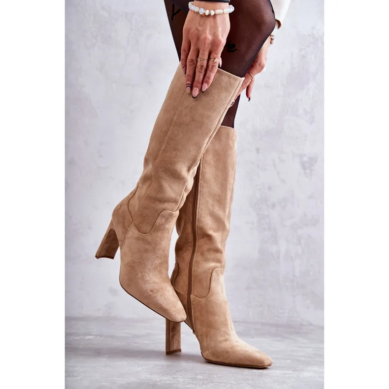 FG2 Bottes pour femmes sur le talon jusqu'au genou beige foncé Truly Love