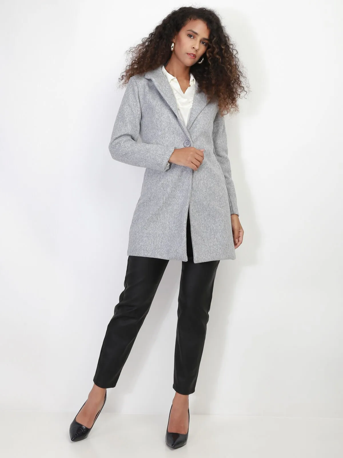 Manteau mi long à col revers- Gris