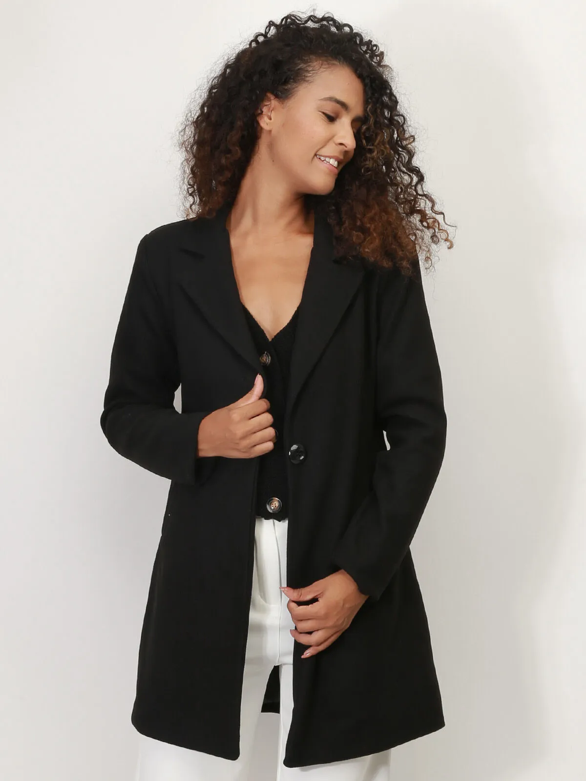 Manteau mi long à col revers- Noir