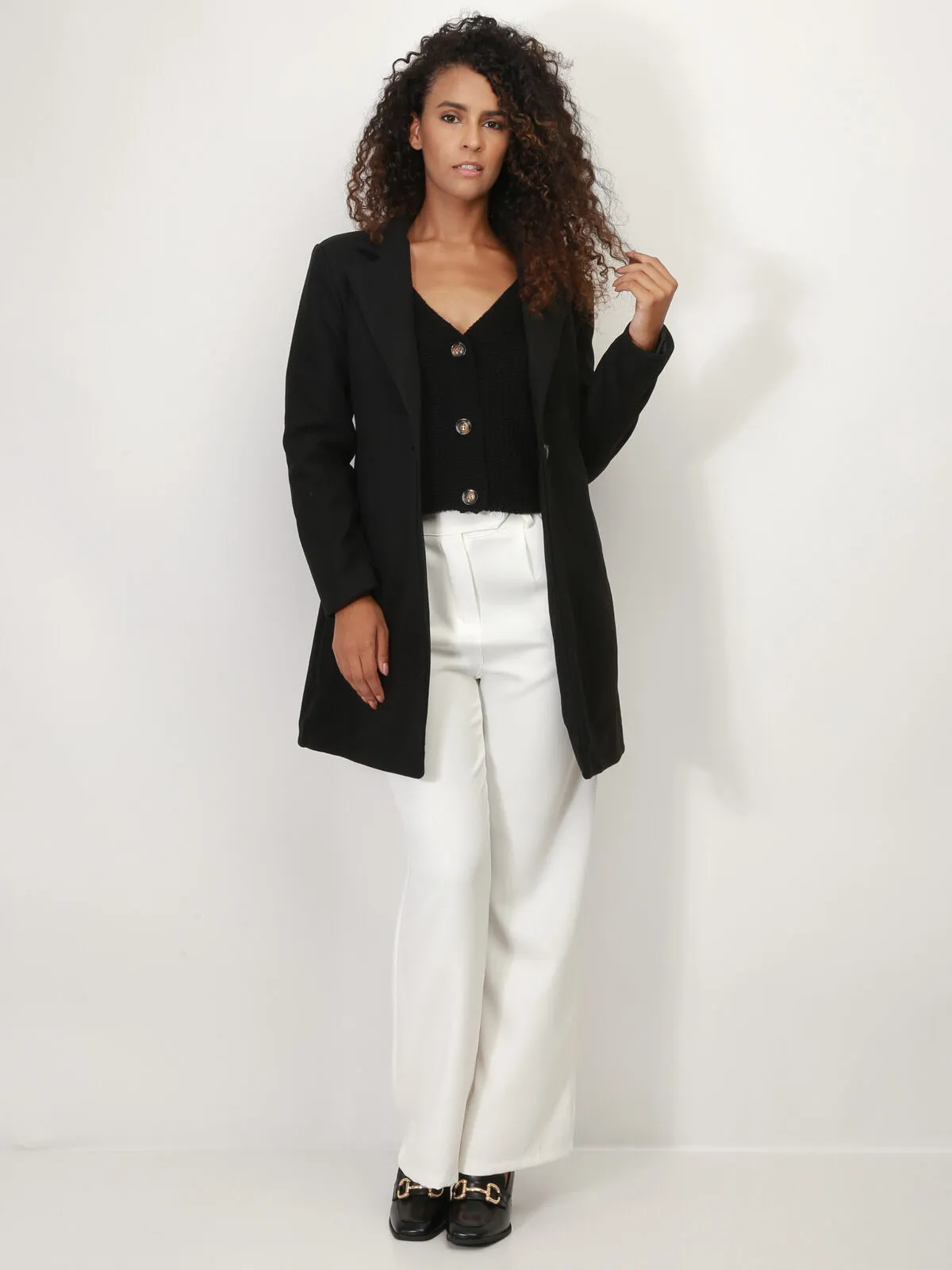 Manteau mi long à col revers- Noir