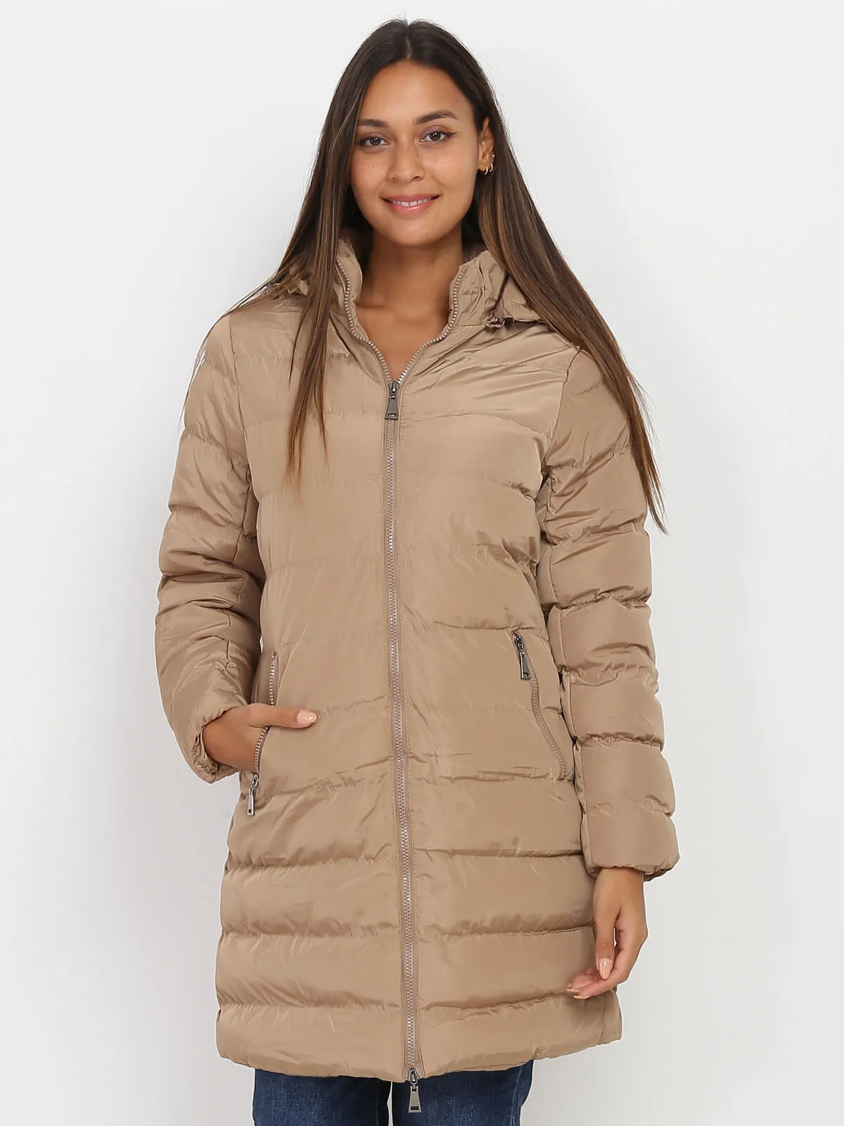 Manteau mi-long matelassé à capuche- Taupe