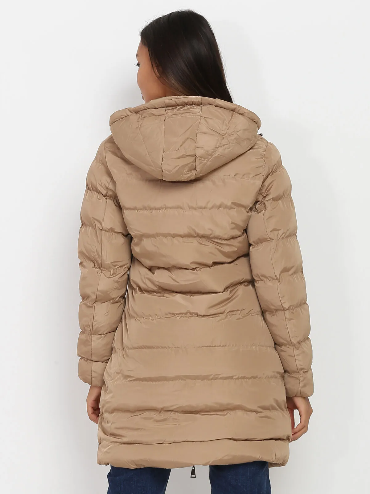 Manteau mi-long matelassé à capuche- Taupe