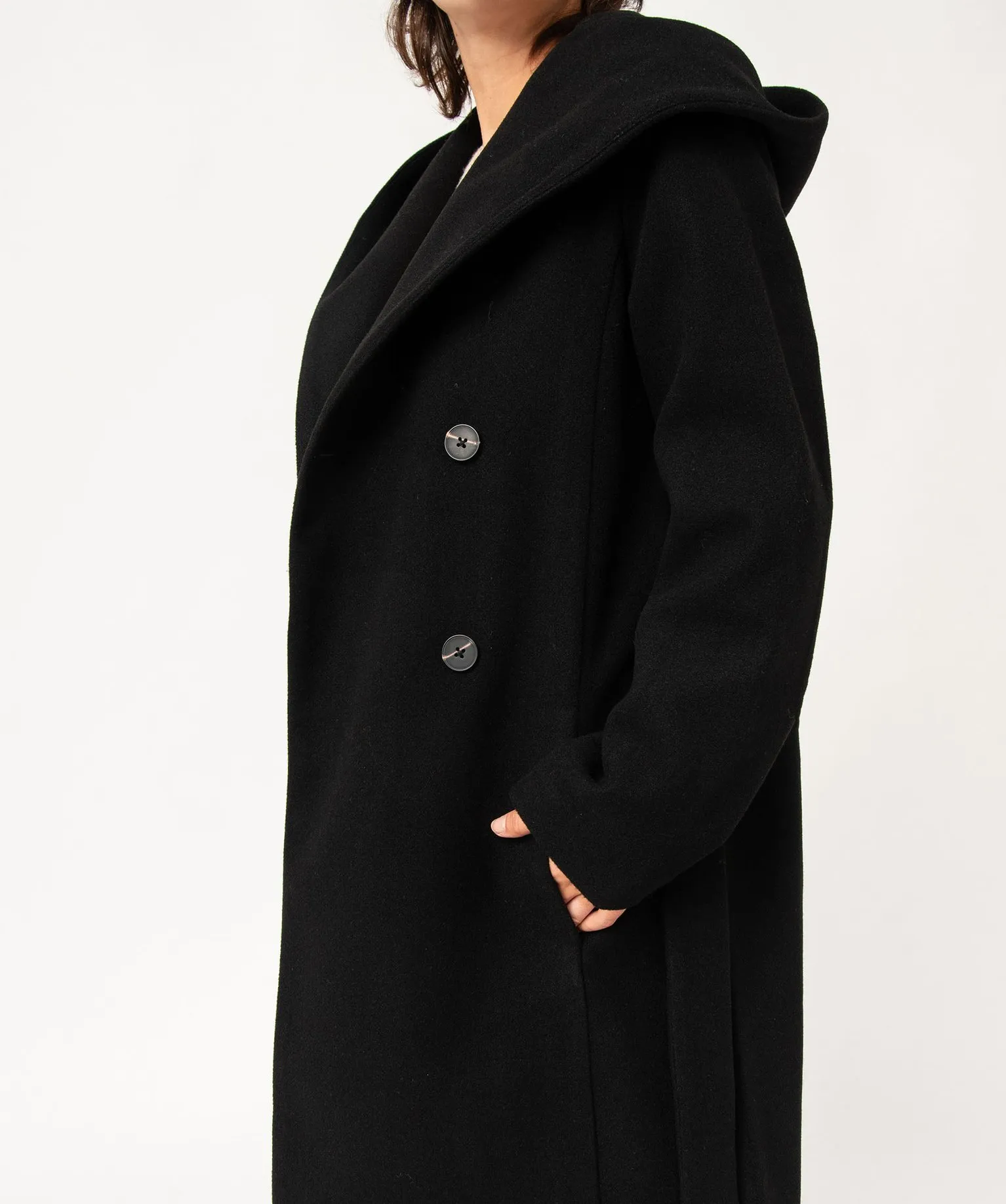 Manteau mi-long à grand col capuche femme noir