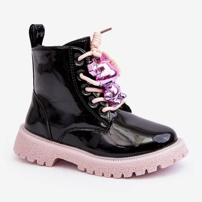 Miss Bottes isolées vernies pour enfants avec décoration, noir et rose Bunnyjoy le noir