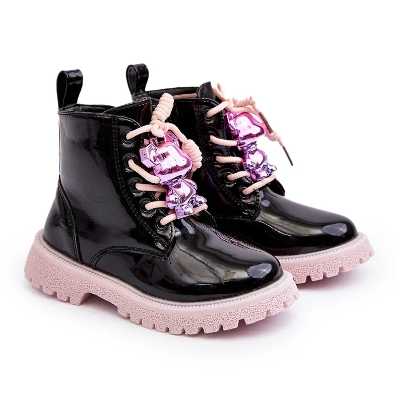 Miss Bottes isolées vernies pour enfants avec décoration, noir et rose Bunnyjoy le noir