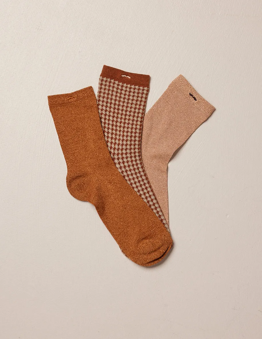 Pack de 3 Chaussettes - Fantaisie paillettes et PDP marron