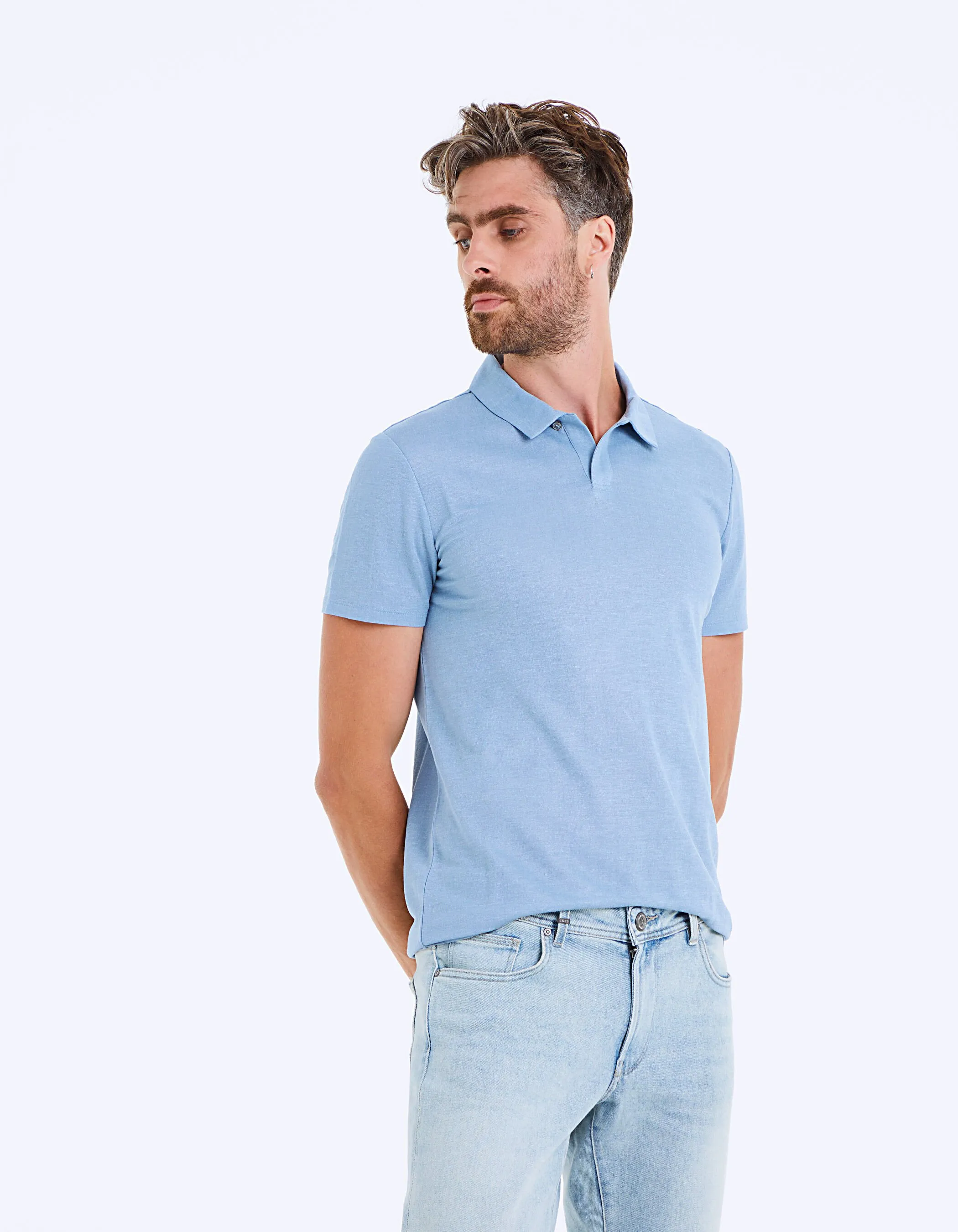 Polo bleu stone en viscose pour Homme