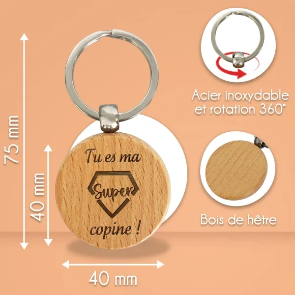 Porte-clés rond en bois personnalisé - Modèle Super