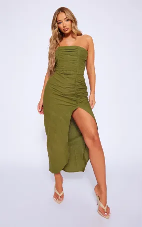 Robe bustier mi-longue kaki effet lin froncée plissée