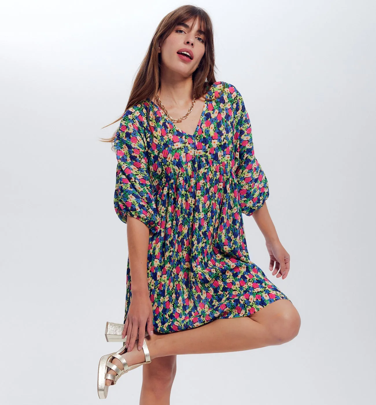 Robe courte plissée Femme - Imprimé multicolore