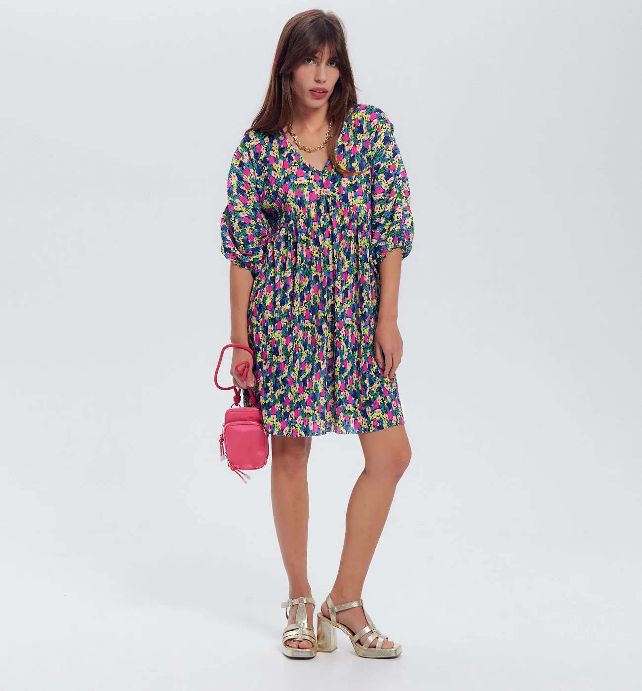 Robe courte plissée Femme - Imprimé multicolore