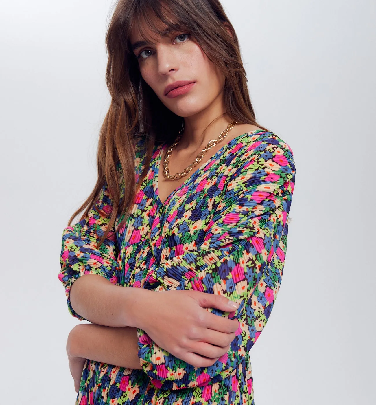 Robe courte plissée Femme - Imprimé multicolore