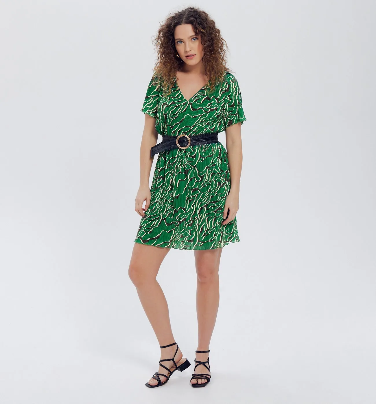 Robe courte plissée Femme - Imprimé vert