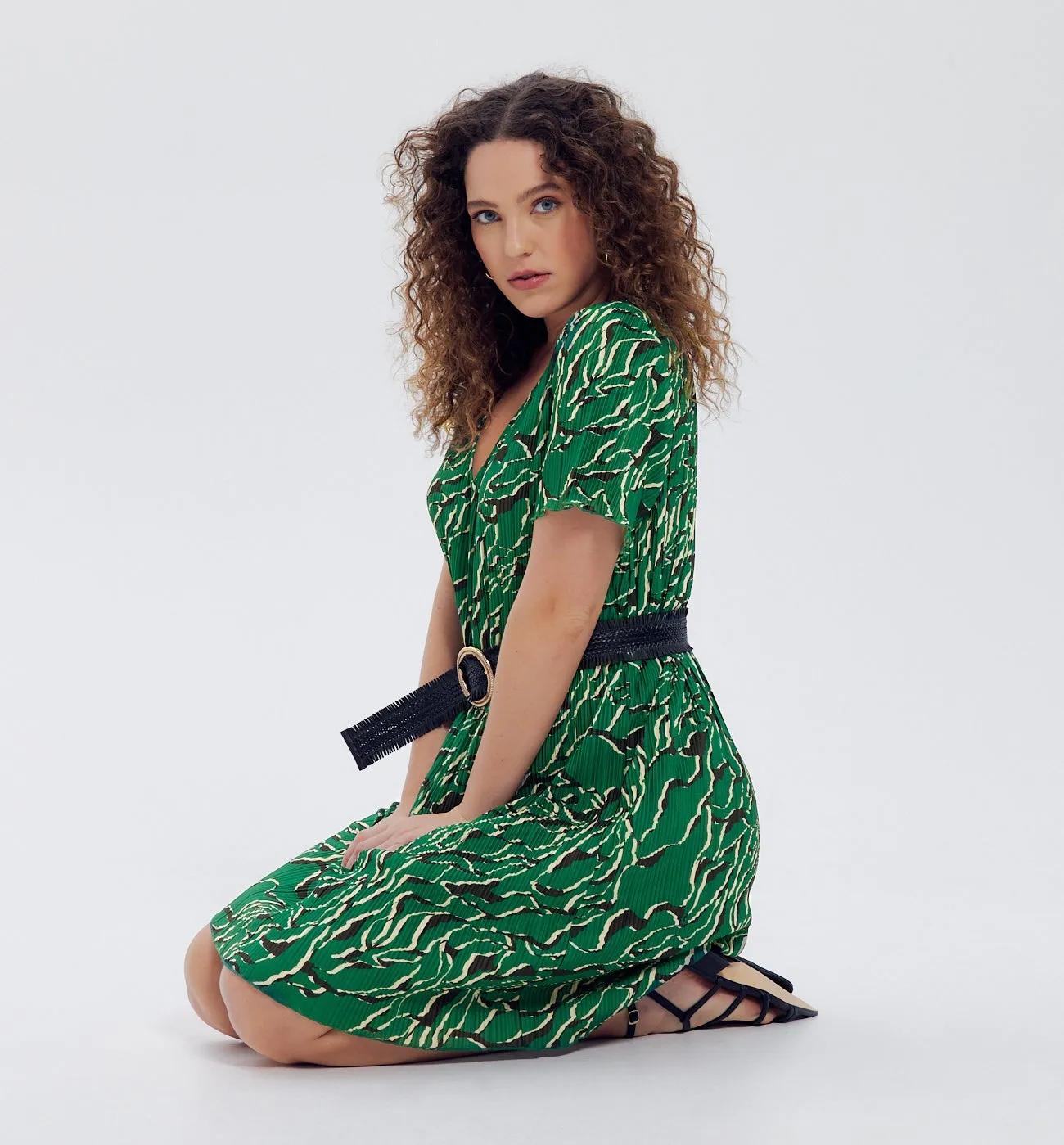 Robe courte plissée Femme - Imprimé vert