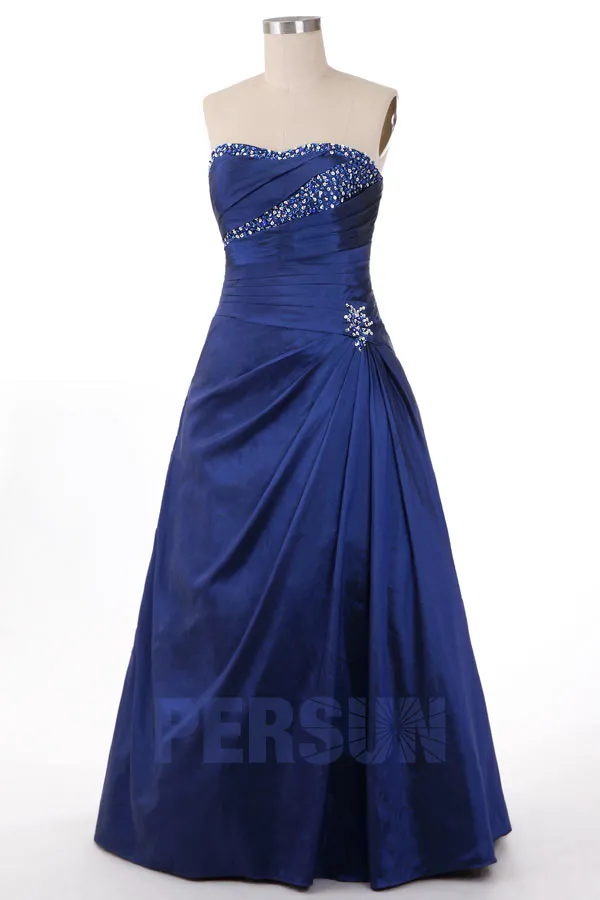 Robe de gala bleu nuit grande taille bustier droit en taffetas