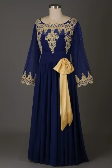 Robe de gala manche longue bloc couleur bleu royal & doré - Robedesoireelongue.fr