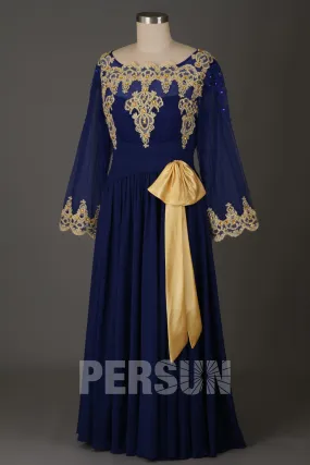 Robe de gala manche longue bloc couleur bleu royal & doré - Robedesoireelongue.fr