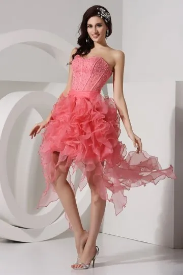 Robe de gala rose décolleté cœur  corsage ornée de bijoux &jupe à volants en organza