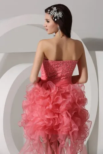 Robe de gala rose décolleté cœur  corsage ornée de bijoux &jupe à volants en organza