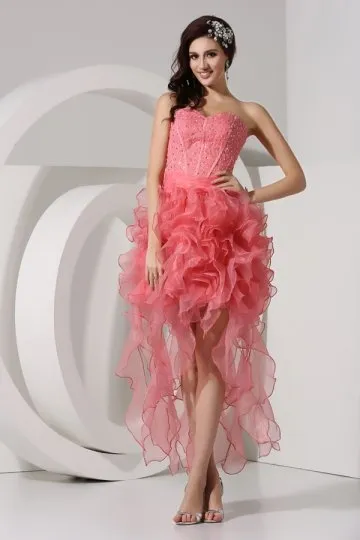 Robe de gala rose décolleté cœur  corsage ornée de bijoux &jupe à volants en organza