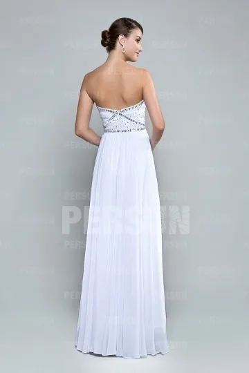 Robe de gala simple blanche décolleté en coeur ornée de strass - Robedesoireelongue.fr