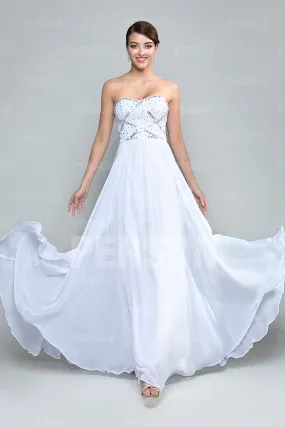 Robe de gala simple blanche décolleté en coeur ornée de strass - Robedesoireelongue.fr